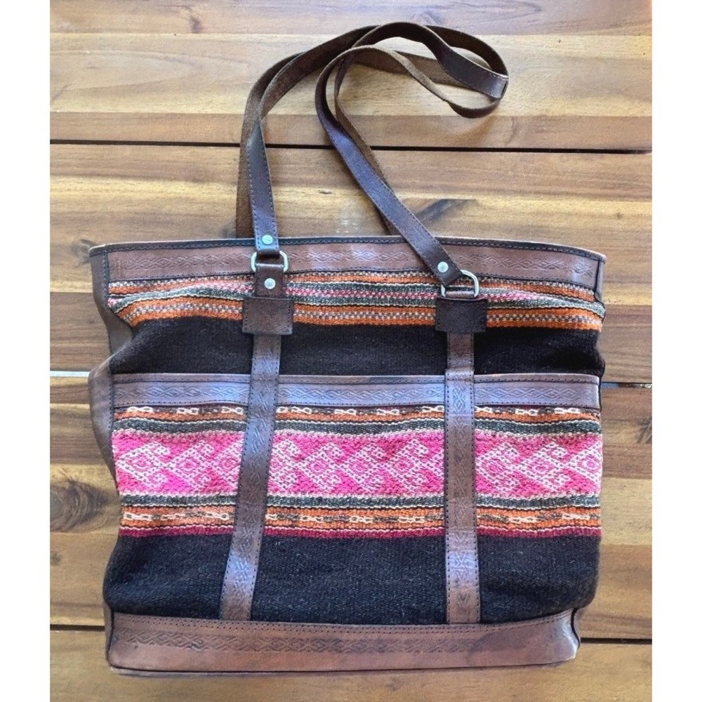 La Paz Bolivia Authentic Handwoven Wool & Leather Red , brown, Tote Bag